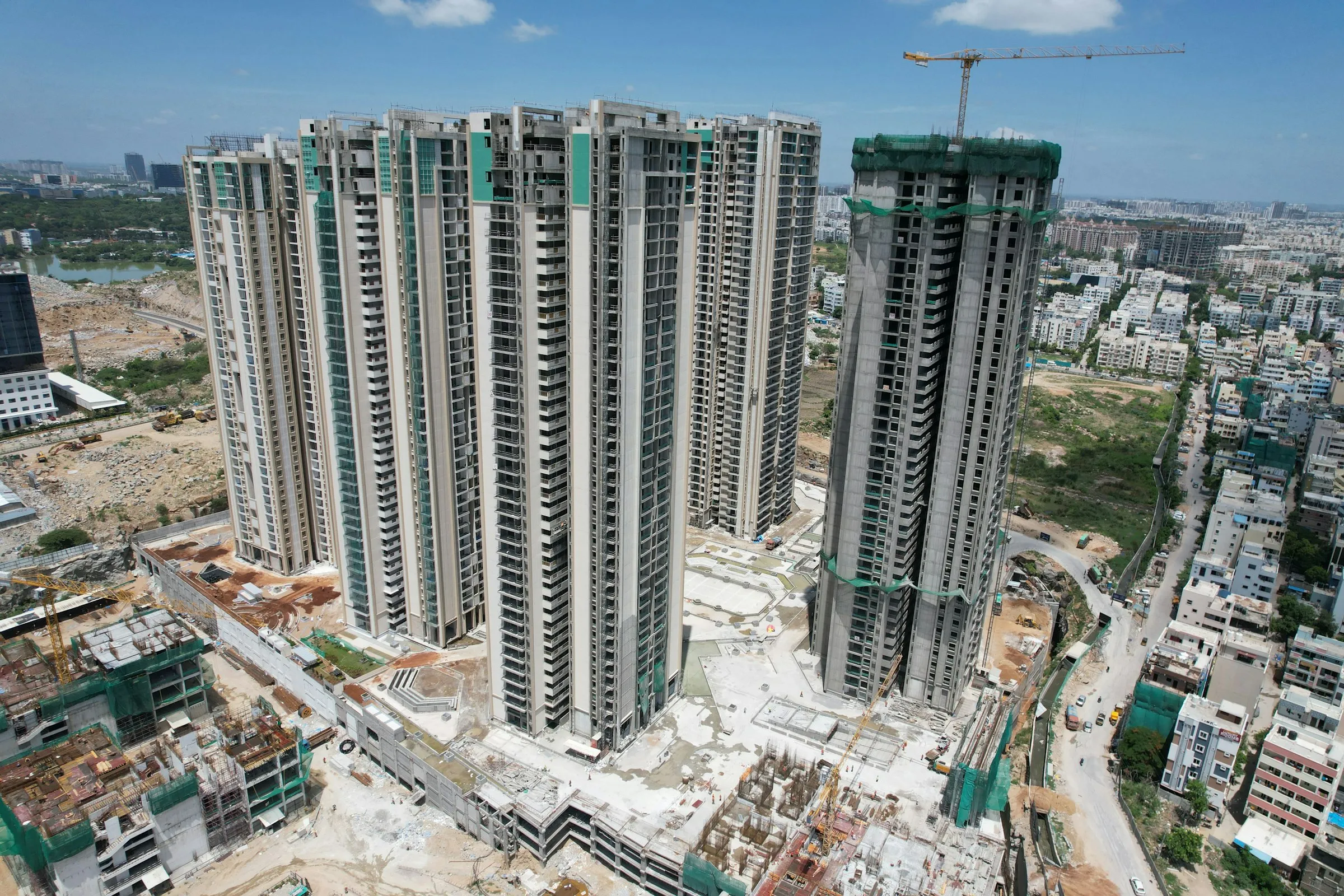 Residential blocks under construction, aerial view